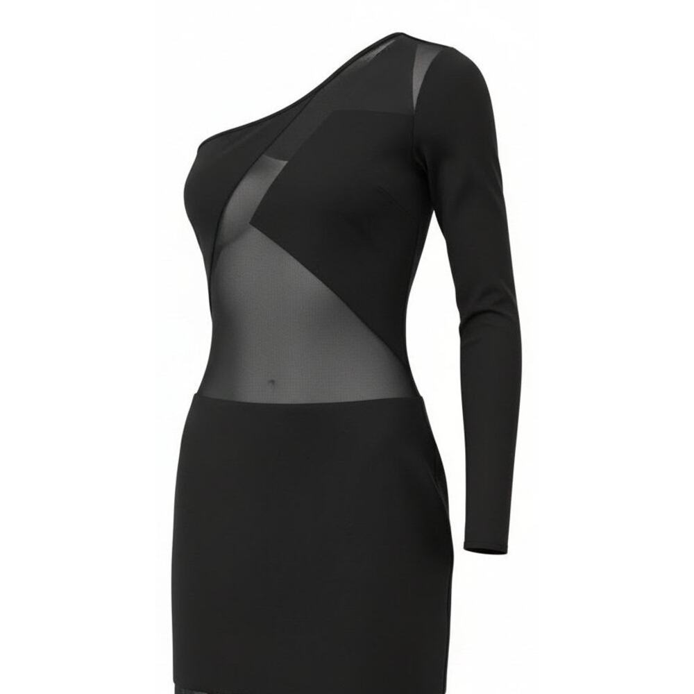 Sheer Black One Shoulder Mesh Bodycon Mini Dress Sculpted Club Baddie Edgy M EUC - Picture 2 of 10